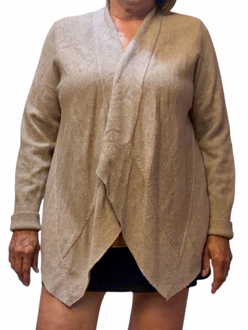 Eileen Fisher Draped Waterfall Open Front Cardigan Sweater XL Tan Wool Blend